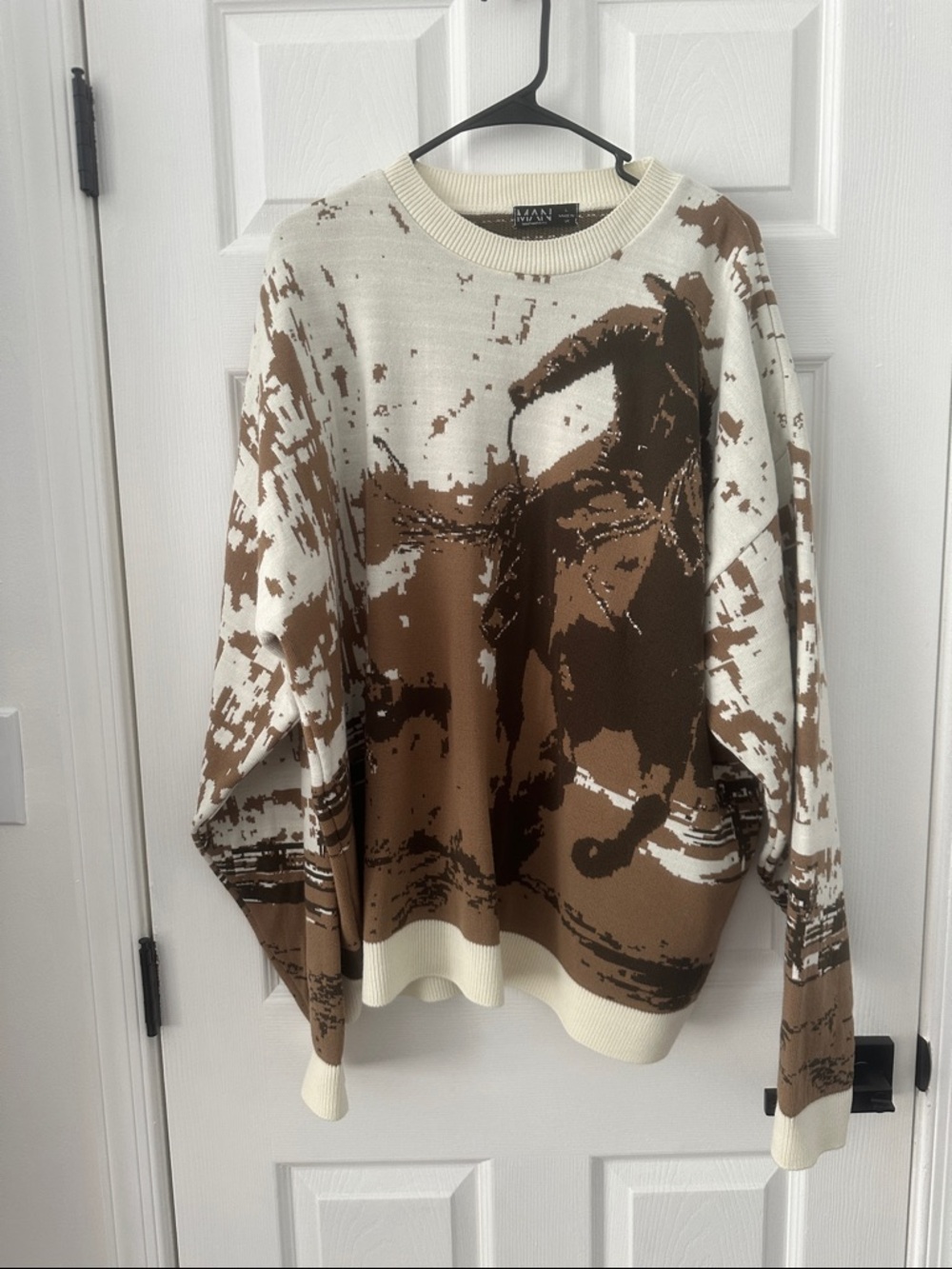 Boohoo Mens Cream & Brown Abstract Pattern Crewneck Sweater
